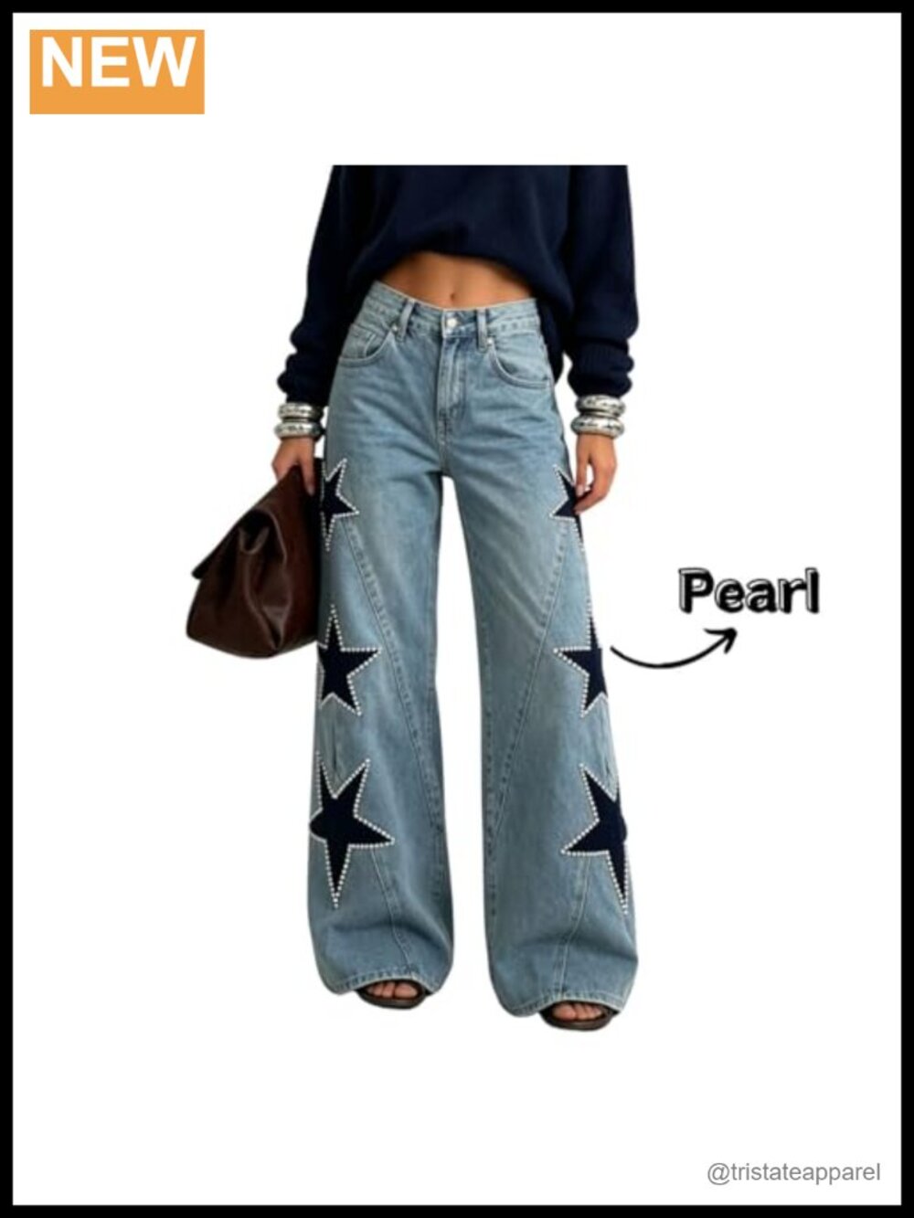 Baggy Cute Pearl Denim Jeans High Waisted Loose Grunge Aesthetic Pants - Picture 2 of 5